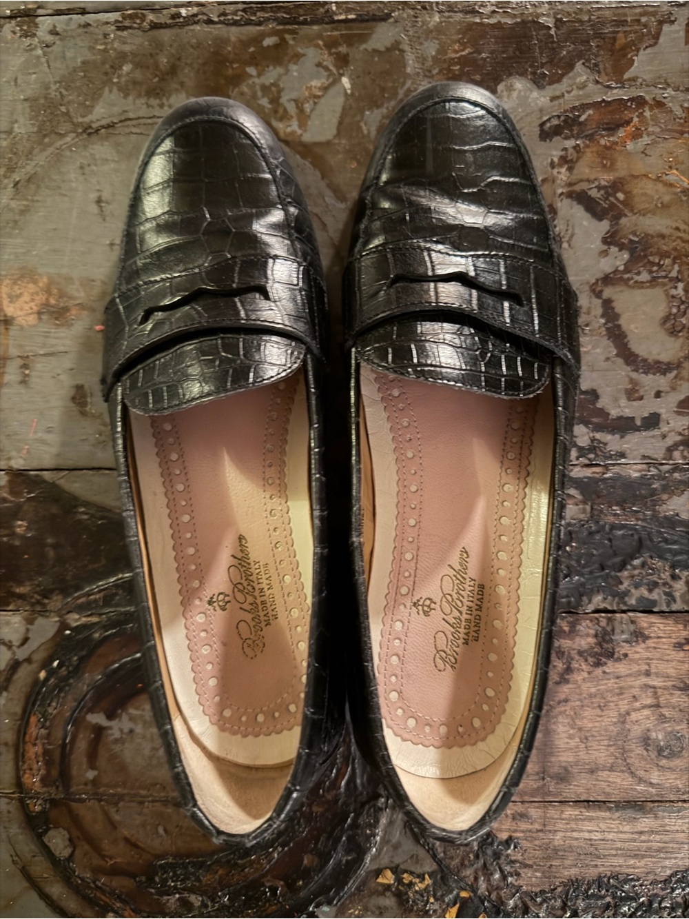 Brooks Brothers Black Croc-Embossed Penny Loafers